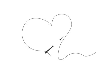 Needle with heart thread doodle simple icon, line embroidery decoration. Curvy thread sewing, tailor tool silhouette. 