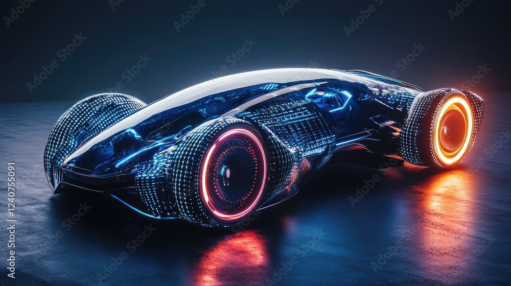 Poster a futuristic, holographic car concept on a dark background, glowing with cutting-edge design and dig