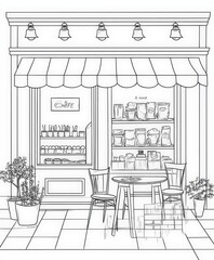 Cozy Outdoor Coffee Shop Scene with Chairs and Decorative Plants