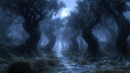 Obraz premium Moonlit Olive Grove Path, Foggy Night, Mystery, Fantasy