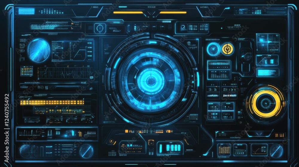 Poster futuristic interface with circular display and digital readings