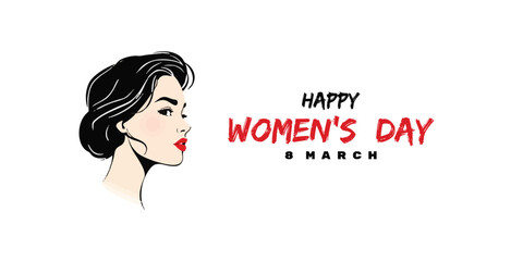 A happy wamen's day wishes or greeting card banner or poster design  silhouette, womens rights, equality, girls, template, with women face, stylish hair Vector illustration clip art  advertising, 