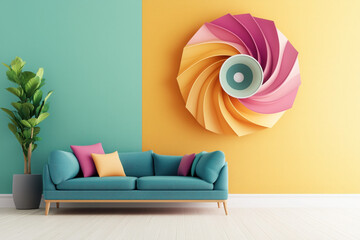 Interior design cool modern, two tone wall, circular statement piece artwork, pot plant, yellow blue living room couch sofa, wood floor