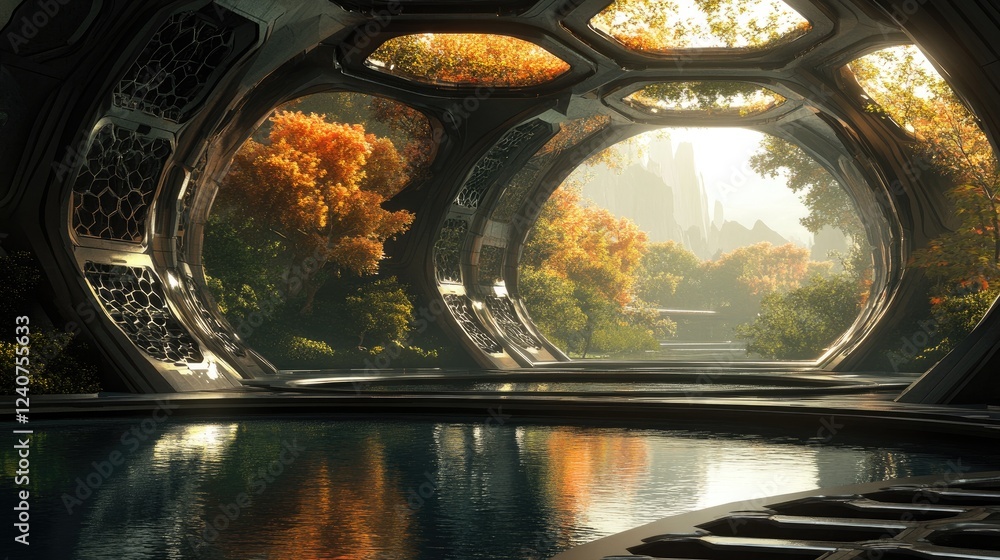 Poster a futuristic scene with d-shaped hexagonal patterns, metallic reflections, and vibrant highlights, c