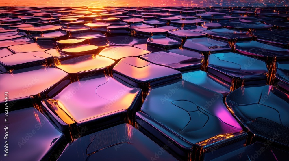 Poster a futuristic scene with d-shaped hexagonal patterns, metallic reflections, and vibrant highlights, c