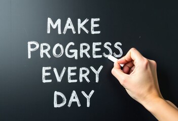 Fototapeta premium Write Progress Every Day on a Blackboard with White Chalk Motivational quotes best for wall art or print