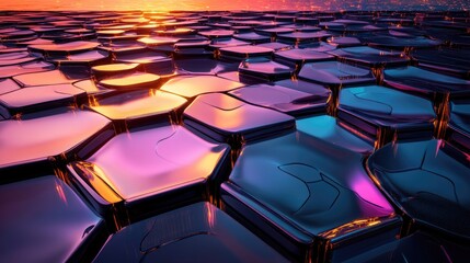 Fototapeta premium A futuristic scene with D-shaped hexagonal patterns, metallic reflections, and vibrant highlights, creating a sleek, digital landscape.
