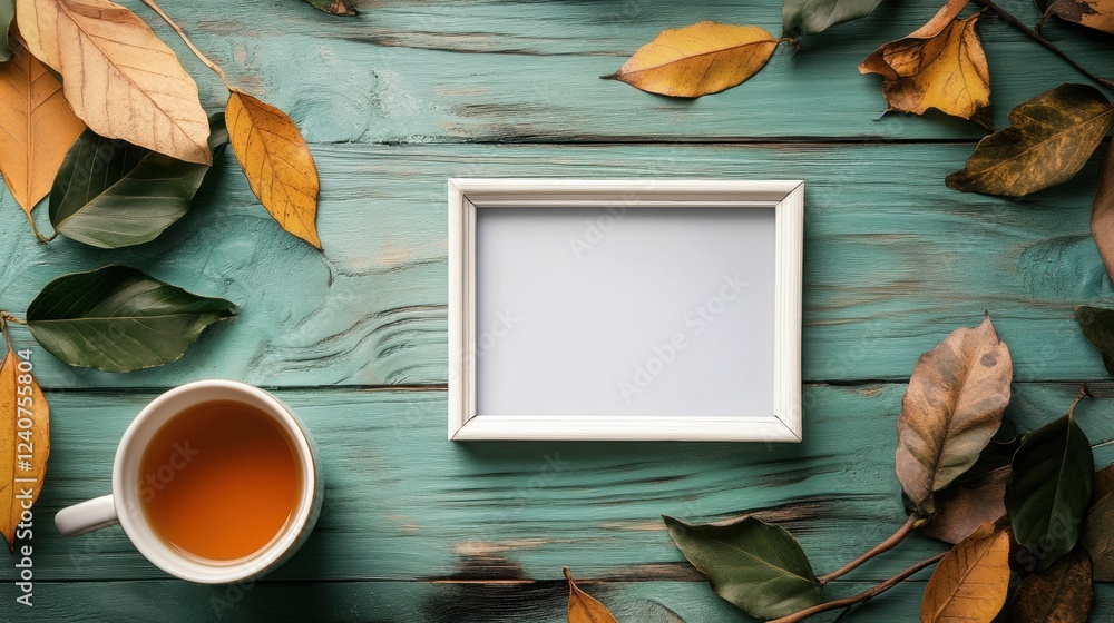 Aufkleber cozy autumn setting with empty frame and tea cup ready for personalization and creativity. generativ