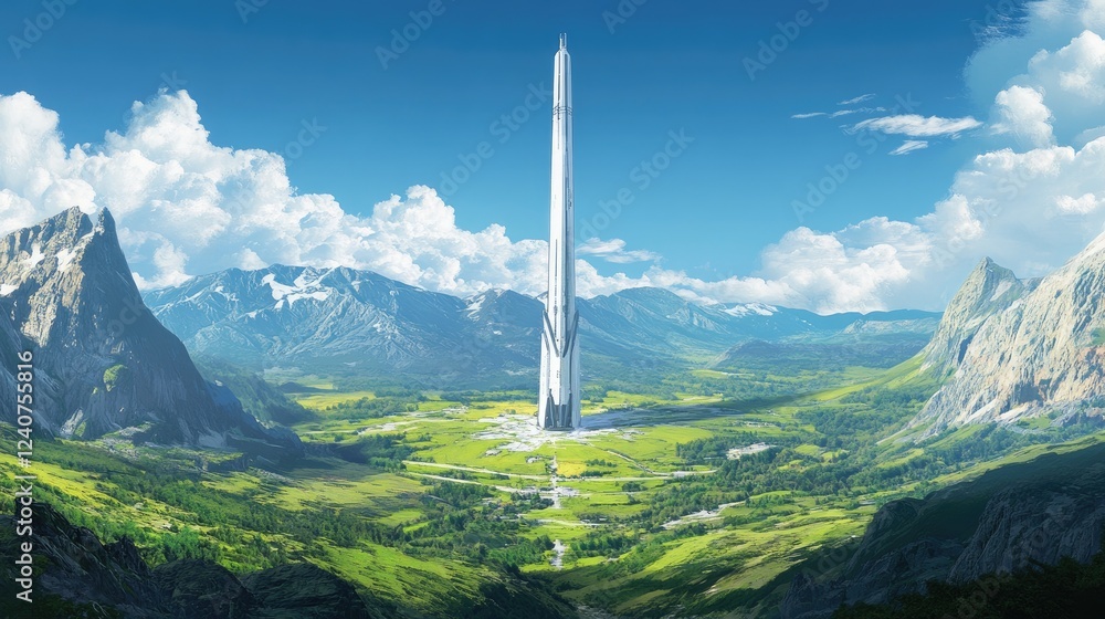Aufkleber a futuristic telecom tower set in the center of a green valley, under a crisp blue sky, representing