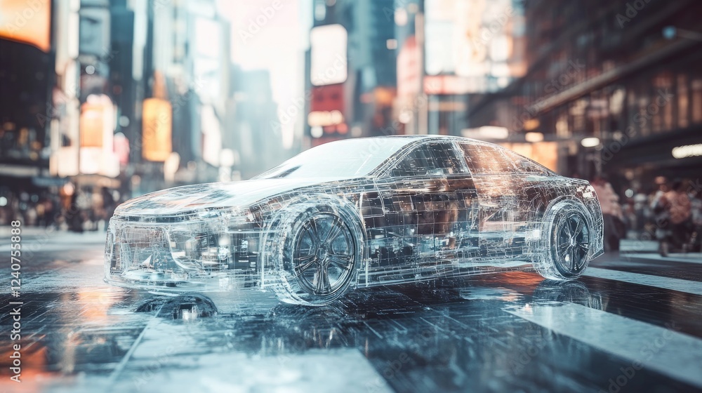Poster a generative ai creation of a futuristic car, featuring transparent parts and set against a bustling