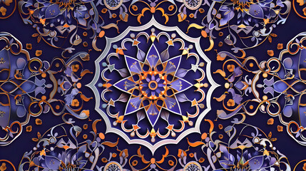 Intricate floral mandala pattern in deep blue and orange, perfect for textile or wallpaper design