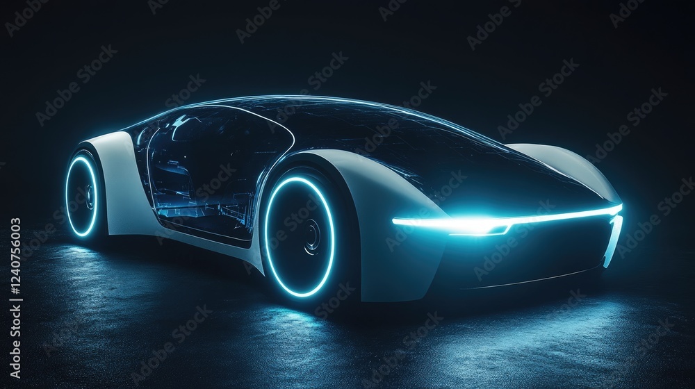 Poster A generative AI-created holographic car on a dark backdrop, with illuminated features and a sleek, futuristic design.