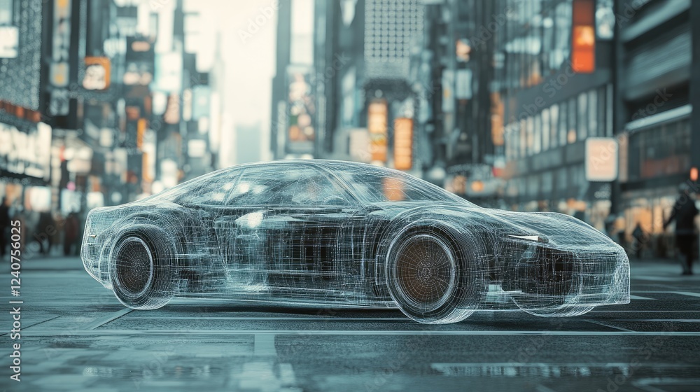 Poster A generative AI creation of a futuristic car, featuring transparent parts and set against a bustling city backdrop, blending innovation with city life.