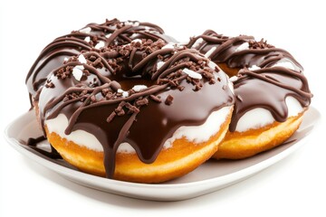 Delicious Chocolate Frosted Donuts with Creamy Filling and Chocolate Sprinkles on a Plate