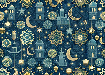 Islamic Art Pattern with Mosques. Stars and Lanterns