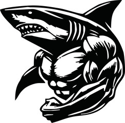 Shark head with body muscle vector logo ilustration