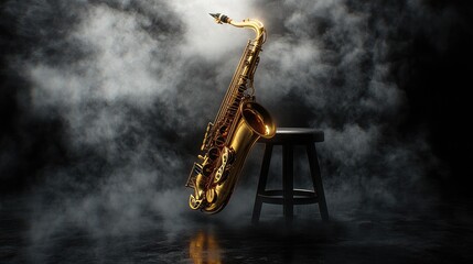 Naklejka premium A golden saxophone resting against a stool, misty fog and soft lighting adding mystery to the black studio background, creating an elegant, musical ambiance.