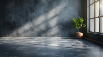 Fototapeta premium Minimalist Room Design Grey Concrete Wall, Plant Pot, and Natural Light for Modern Homes.
