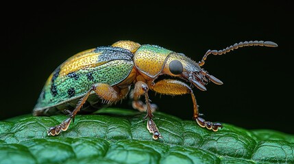 Naklejka premium A Vibrant Green And Gold Beetle On A Leaf