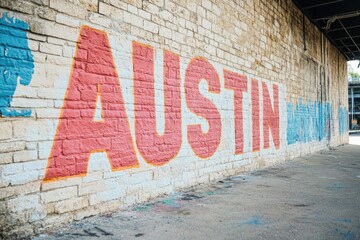 Bold mural showcasing "AUSTIN" in vibrant colors on textured wal