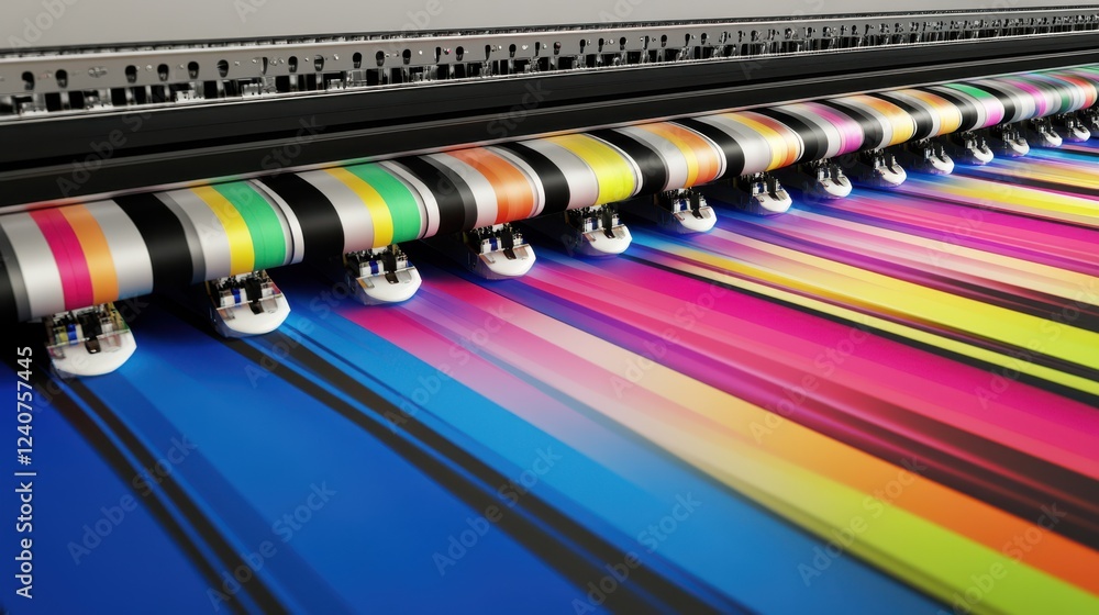 Poster high-resolution inkjet printer with vibrant colorful patterns in use