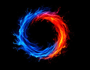Dynamic Yin-Yang Symbol – A striking blue and red Yin-Yang symbol with a swirling red and blue center on a black background, representing the balance of opposites and harmony.
