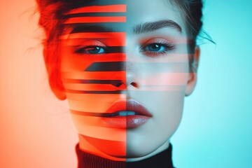 A striking portrait of a young Caucasian female model, beautifully split with vivid blue and red light effects. Colorful Glow, Dual-Tone Studio Lighting