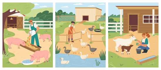 Farmers are engaged in daily tasks, feeding pigs, ducks, and goats while bustling around the farm. The sunny outdoor environment highlights the lively interaction with the animals. Vector set.