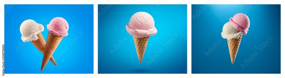Aufkleber Triple image featuring ice cream cones:  two scoops in a single cone, a single scoop cone, and two scoops in a cone.  The cones and ice cream are vanilla and strawberry.