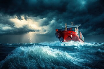 Cargo ship braving stormy seas intense waves maritime transport dramatic ocean environment low angle viewpoint resilience of cargo shipping amidst nature's fury