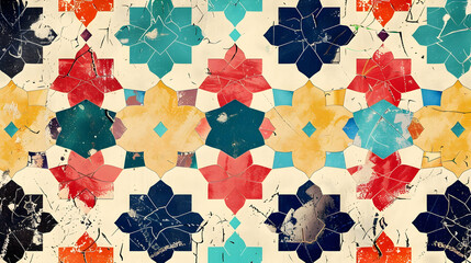 Colorful vintage tile pattern featuring floral designs with cracks and wear, suitable for backgrounds