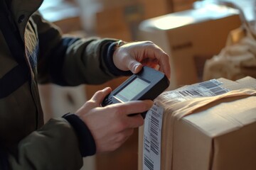 Fototapeta premium Efficient cargo management hands scanning barcode on package in warehouse logistics environment close-up viewpoint streamlining inventory processes