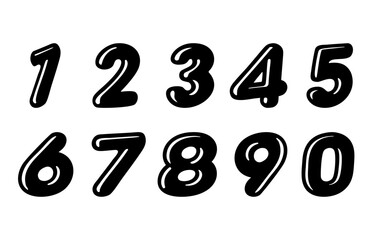 Vector illustrationof bold, glossy black digits ranging from 0 to 9 are displayed in a playful style, perfect for creative designs or teaching children. Each number shows unique curves.