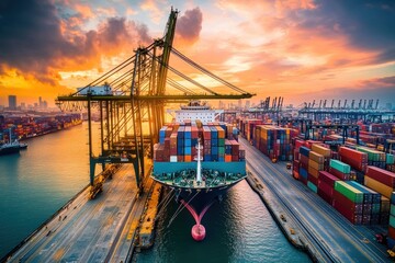 Massive cargo ship unloading at bustling port aerial view of containers and cranes industry activity at sunset maritime logistics global trade hub