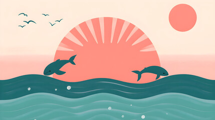 Naklejka premium The illustration depicts the sea, featuring flat illustrations and simple colors in green tones with pink accents. The waves form an ocean landscape with two whales swimming underwater, in the 