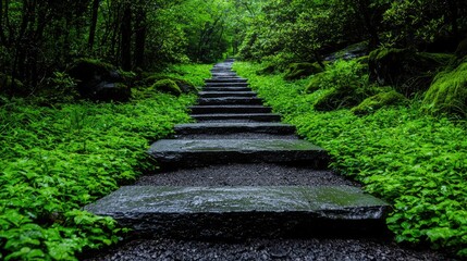 Stone steps leading up a lush, green forest path