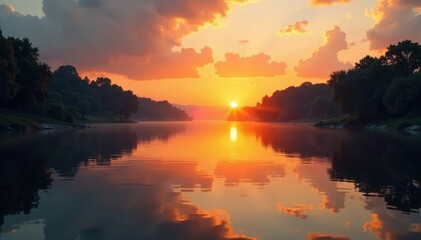 Obraz premium Soft orange light reflected on river's surface at sunrise, river, surface