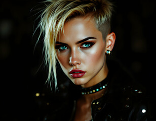 Fototapeta premium Punk Rocker Girl Portrait – A fierce short-haired blonde punk rocker girl in a leather jacket, embodying rebellious energy, captured in a dark, edgy generative AI illustration. 