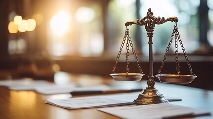 Courtroom for a civil mediator featuring sharp focus on mediation agreements case summaries and justice scales while the mediator remains softly blurred