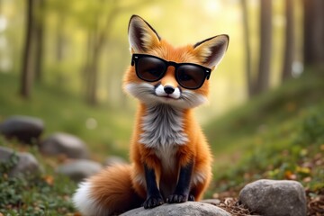 Adorable fox wearing sunglasses sitting on a rock in a lush forest