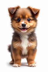 Adorable fluffy puppy with big eyes and a happy expression on a white background