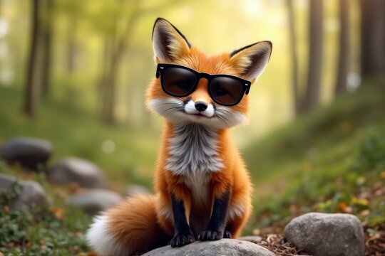 Adorable fox wearing sunglasses sitting on a rock in a lush forest