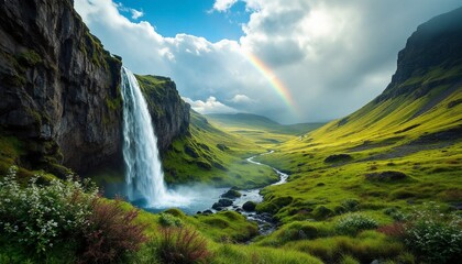 Majestic Waterfall in Green Valley Landscape with Rainbow