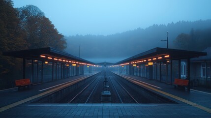 Fototapeta premium Misty Train Station at Dawn, Empty Platform, Autumn Foliage