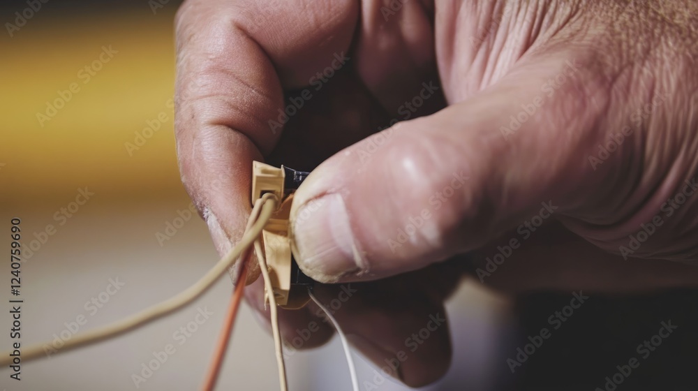 Poster a hand partially wrapping electrical tape around a frayed wire connection, illustrating an ongoing w