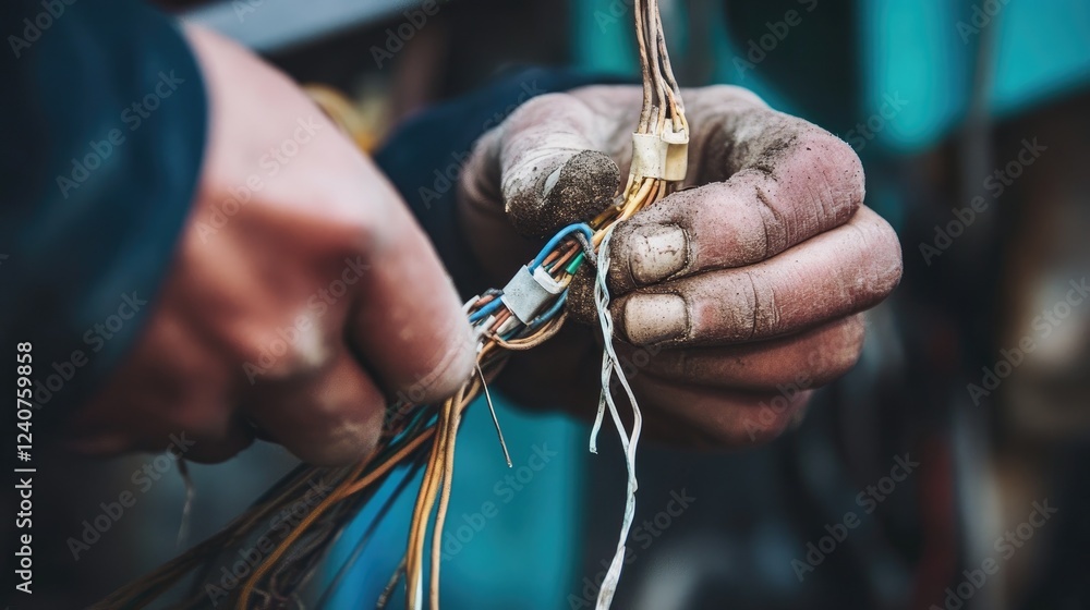 Poster a hand partially wrapping electrical tape around a frayed wire connection, illustrating an ongoing w