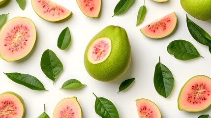 Pink guava and pomelo slices with green leaves