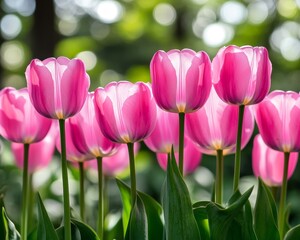 Fototapeta premium Vibrant field of pink tulips in bloom, bathed in soft sunlight, creating a dreamy natural background