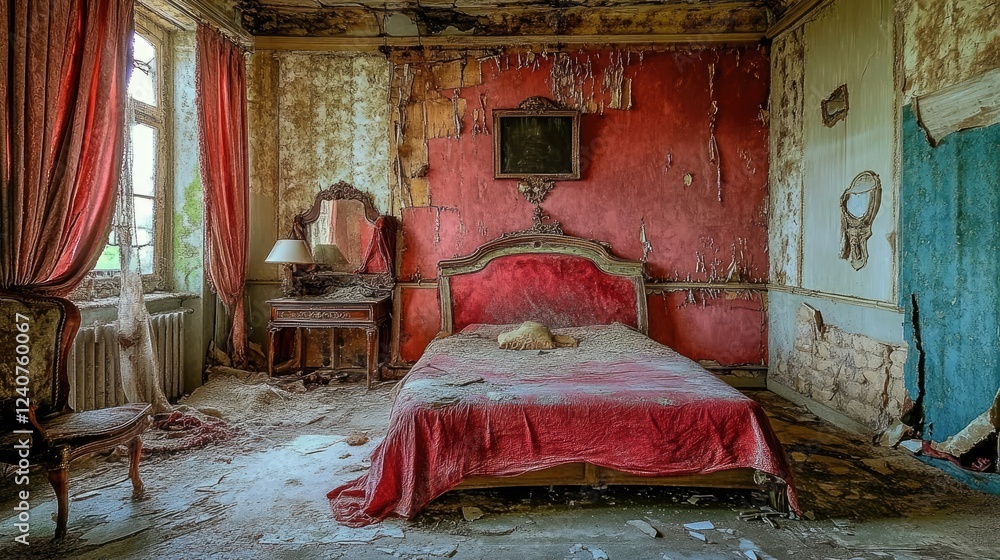 Poster a hauntingly dilapidated room with cracked walls and a faded appearance, creating a somber and negle