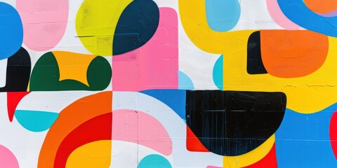 An abstract and colorful mural against a stark white backdrop, Minimalist shapes in vibrant colors, Colorful mural minimalist style